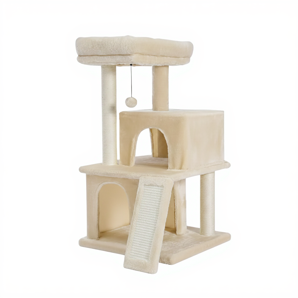 85cm-designer-cat-tree-duplex-double-hideaway-ramp-beige