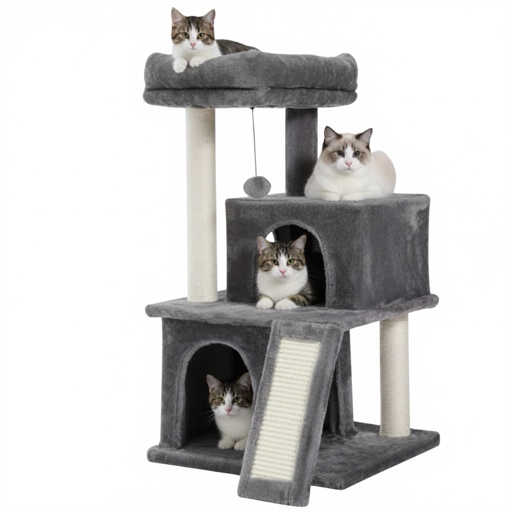 85cm-designer-cat-tree-duplex-double-hideaway-ramp-gris
