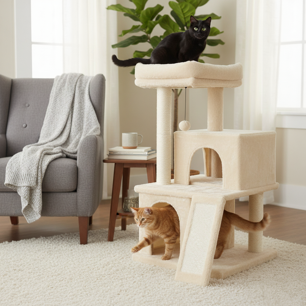 85cm Designer Cat Tree – Duplex with Double Hideaway & Ramp
