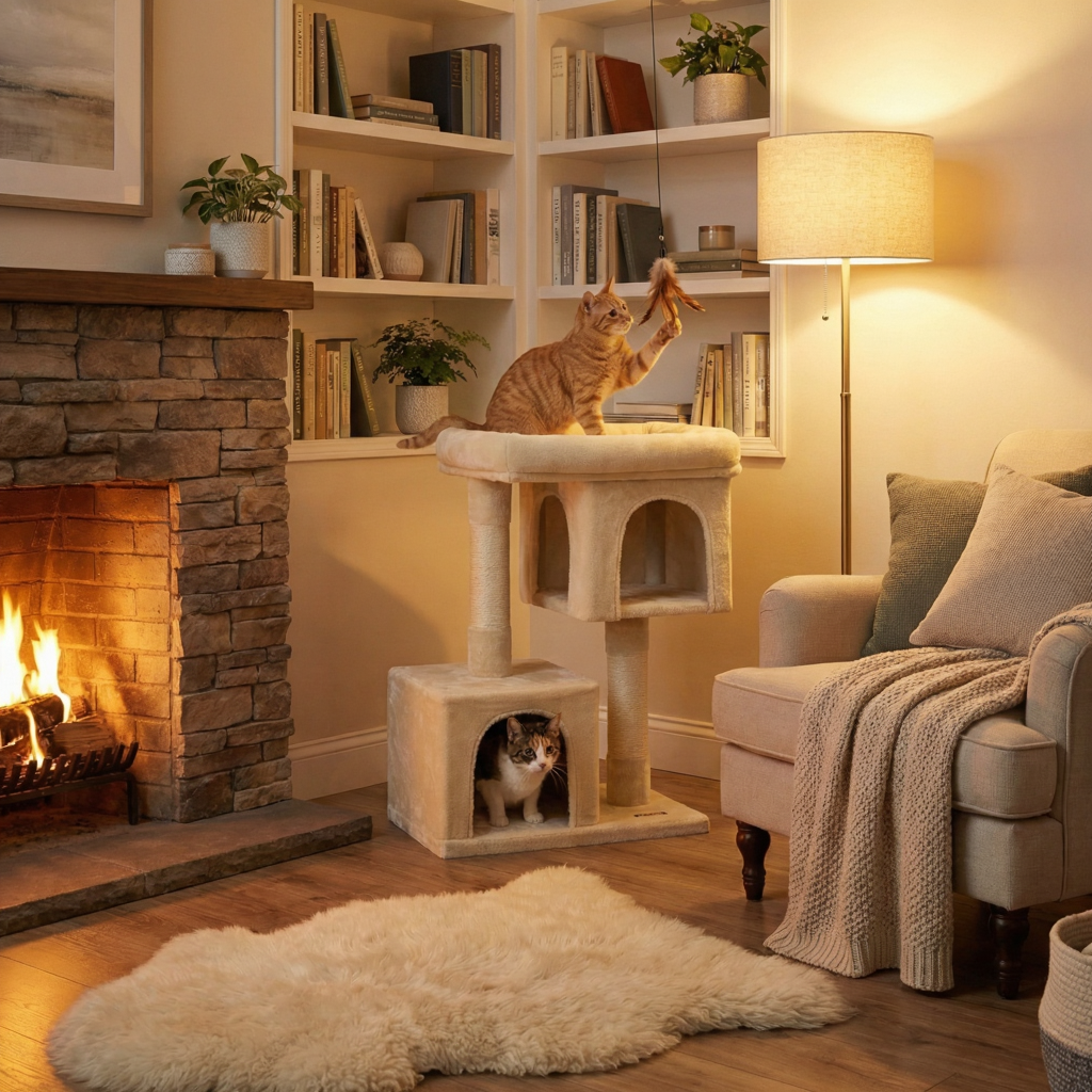 Designer Cat Tree with Double Hideaway Dens & Sisal Posts