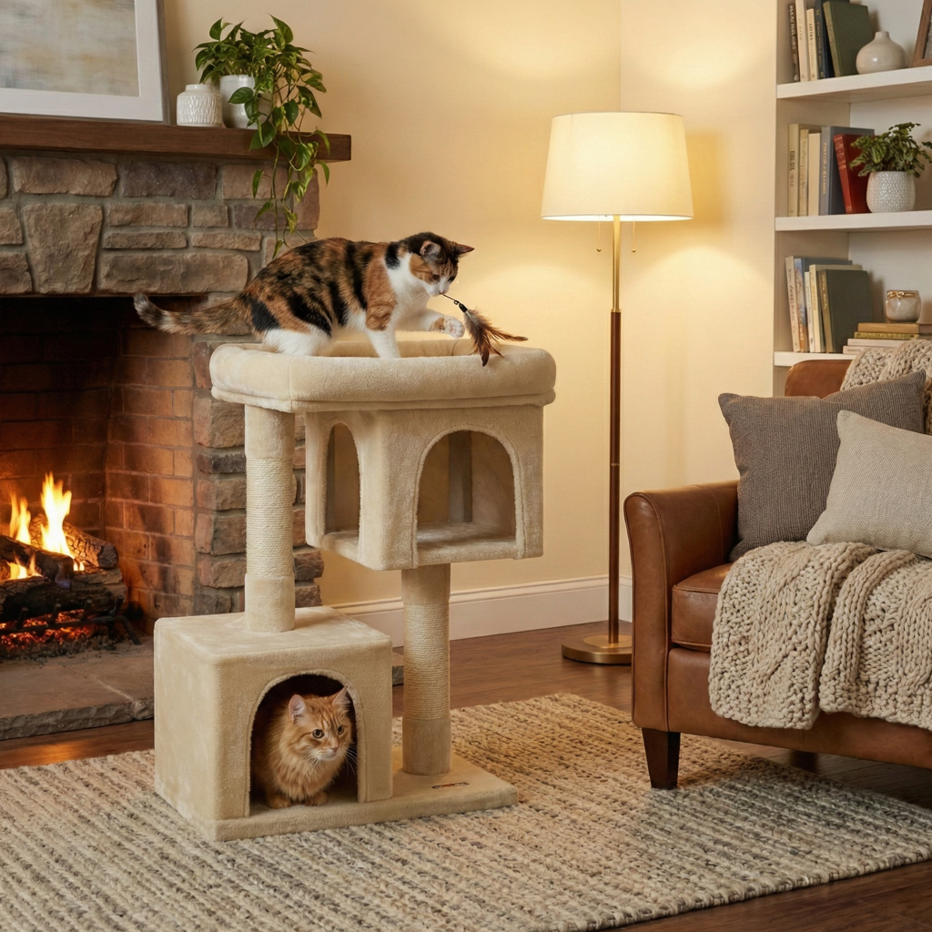 Designer Cat Tree with Double Hideaway Dens & Sisal Posts