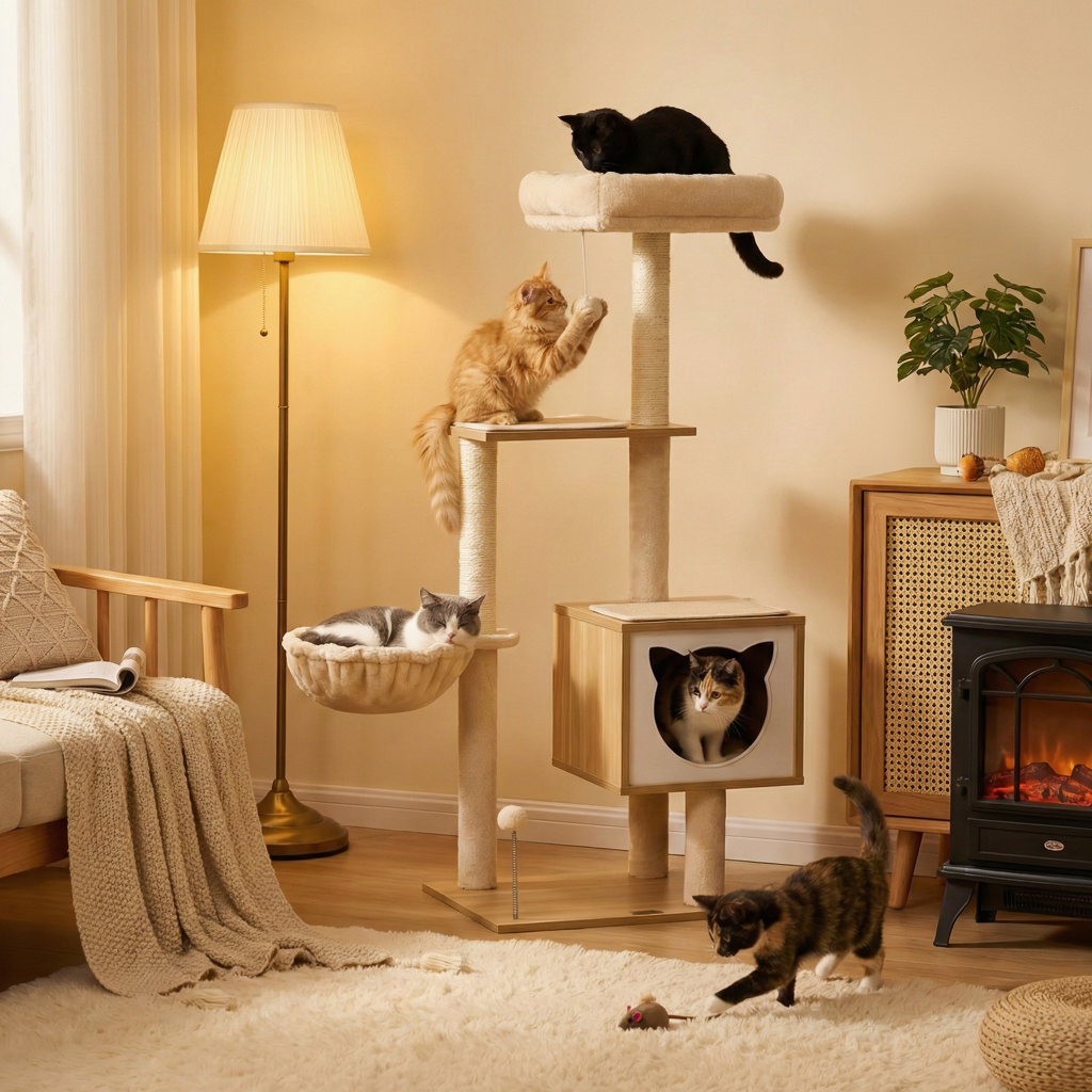 126cm Wooden Cat Tree Furniture – Cocoon with Cat Head Hideaway