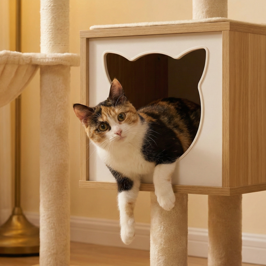126cm Wooden Cat Tree Furniture – Cocoon with Cat Head Hideaway