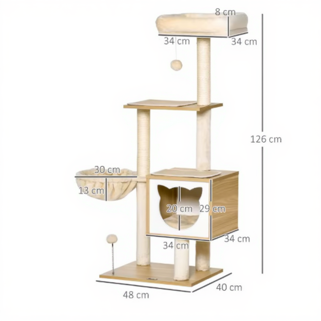126cm Wooden Cat Tree Furniture – Cocoon with Cat Head Hideaway