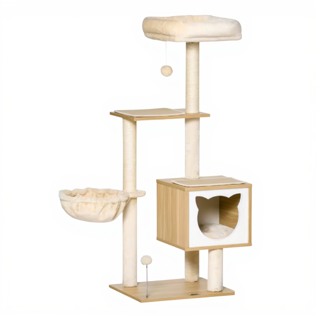 126cm Wooden Cat Tree Furniture – Cocoon with Cat Head Hideaway