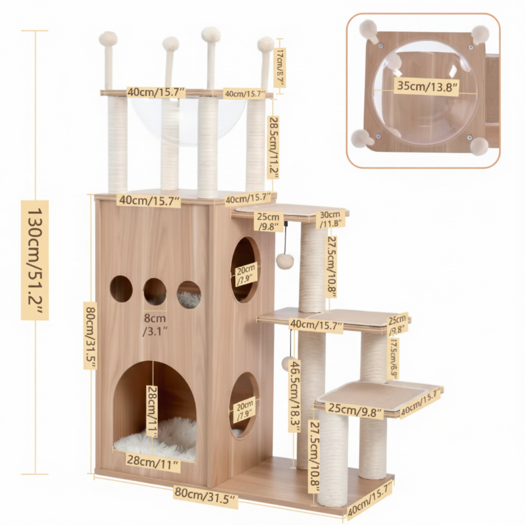 130cm Wooden Cat Tree – Bookshelf Style with Bubble Pod Hideaway