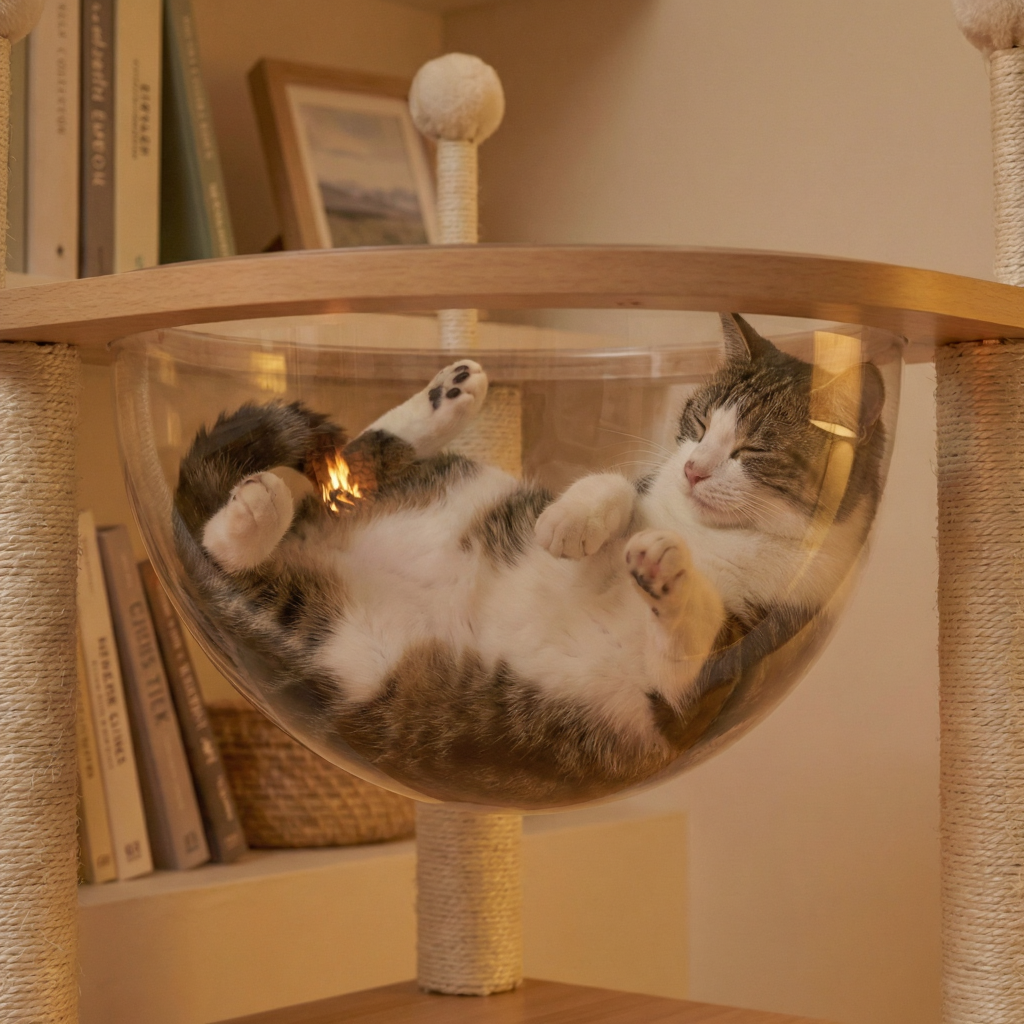 130cm Wooden Cat Tree – Bookshelf Style with Bubble Pod Hideaway
