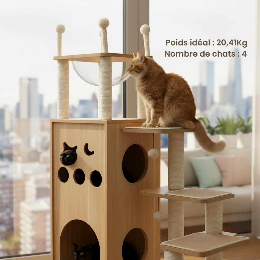 130cm Wooden Cat Tree – Bookshelf Style with Bubble Pod Hideaway