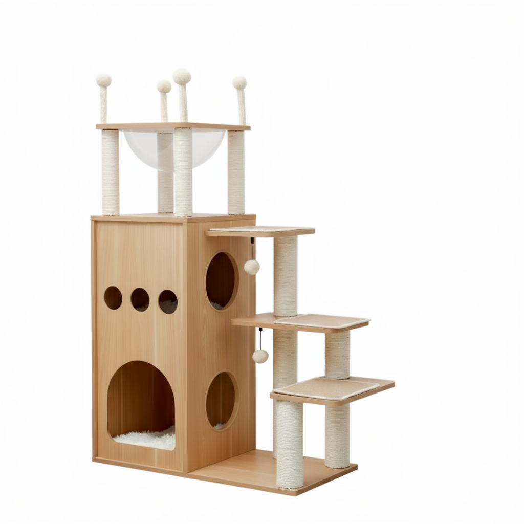 130cm Wooden Cat Tree – Bookshelf Style with Bubble Pod Hideaway