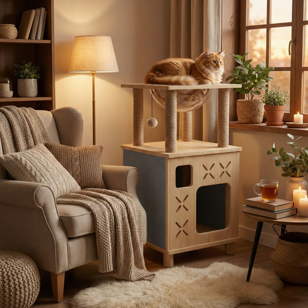 61cm Wooden Cat Tree – Cosy Cocoon with Bubble Pod & Hideaway