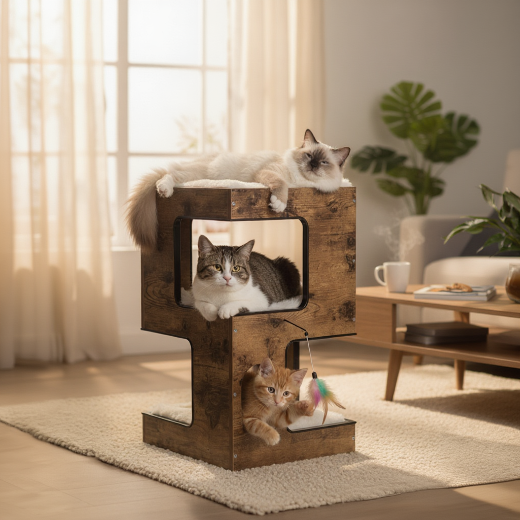 60cm Wooden Cat Tree – The Cubic Table with Hideaway & Cushions