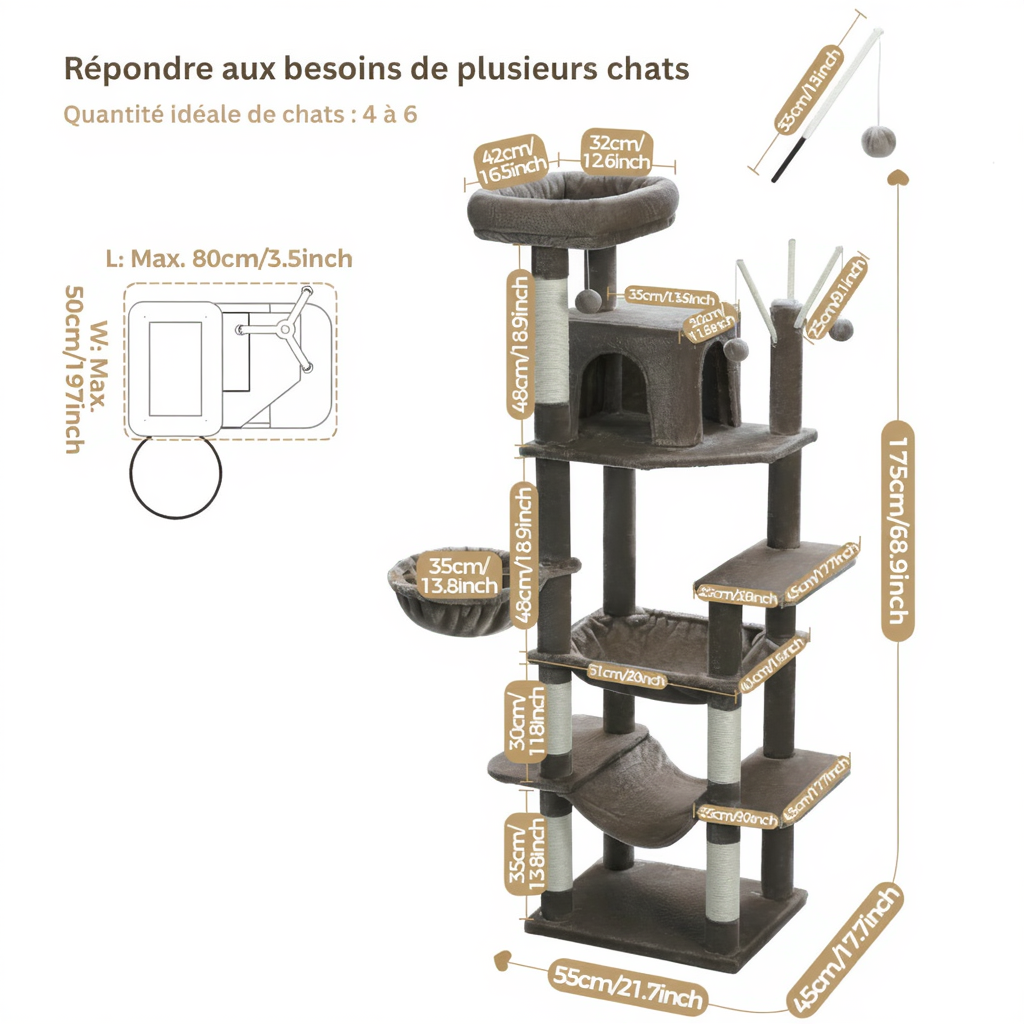 175cm Maine Coon XXL Cat Tree – The Feline Hotel with Hammocks