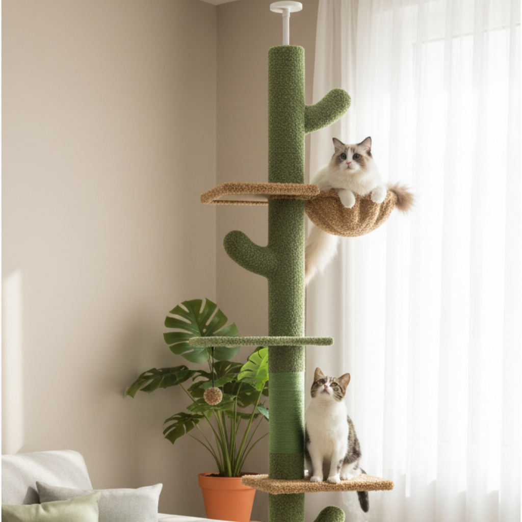 255cm Maine Coon Cactus Floor-to-Ceiling Cat Tree with Basket