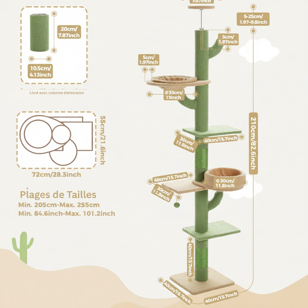 255cm Maine Coon Cactus Floor-to-Ceiling Cat Tree with Basket
