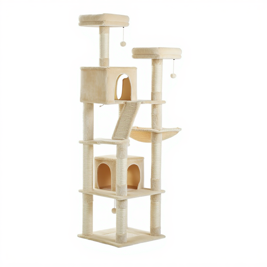 180cm-maine-coon-designer-cat-tree-duo-refuge-double-hideaway-beige