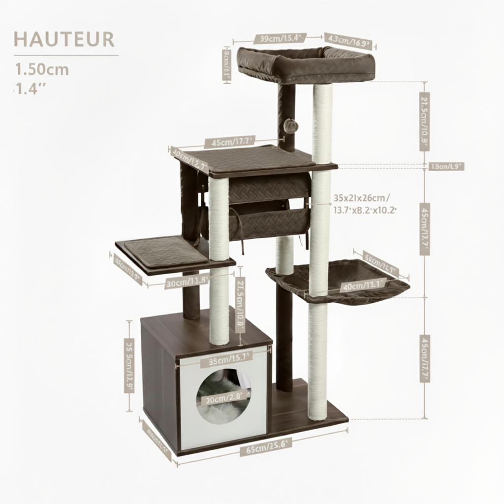 150cm Wooden Maine Coon Cat Tree – The Cocon with 2 Hammocks
