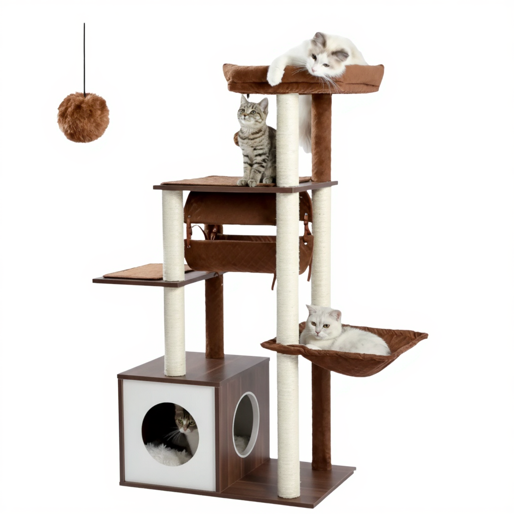 150cm-wooden-maine-coon-cat-tree-2-hammocks-cocon-marron