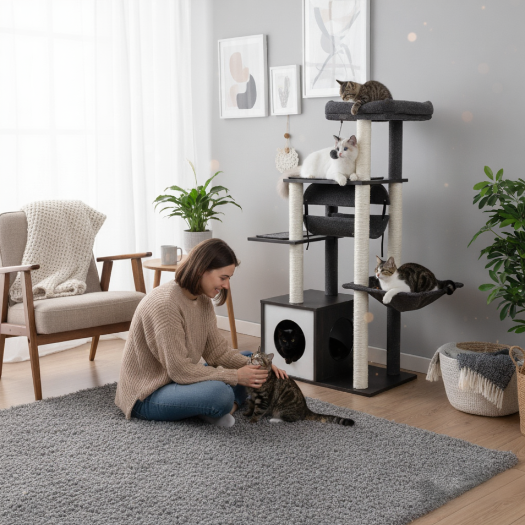 150cm Wooden Maine Coon Cat Tree – The Cocon with 2 Hammocks