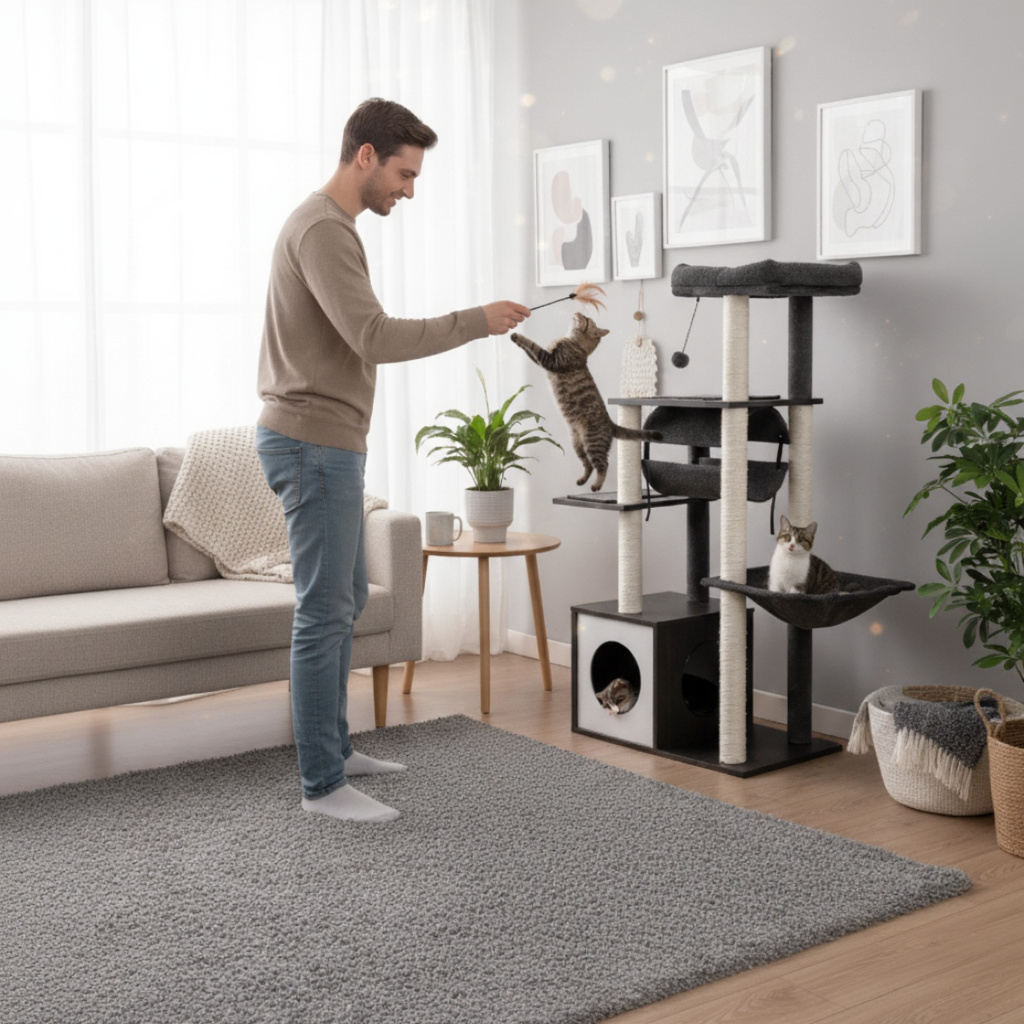 150cm Wooden Maine Coon Cat Tree – The Cocon with 2 Hammocks
