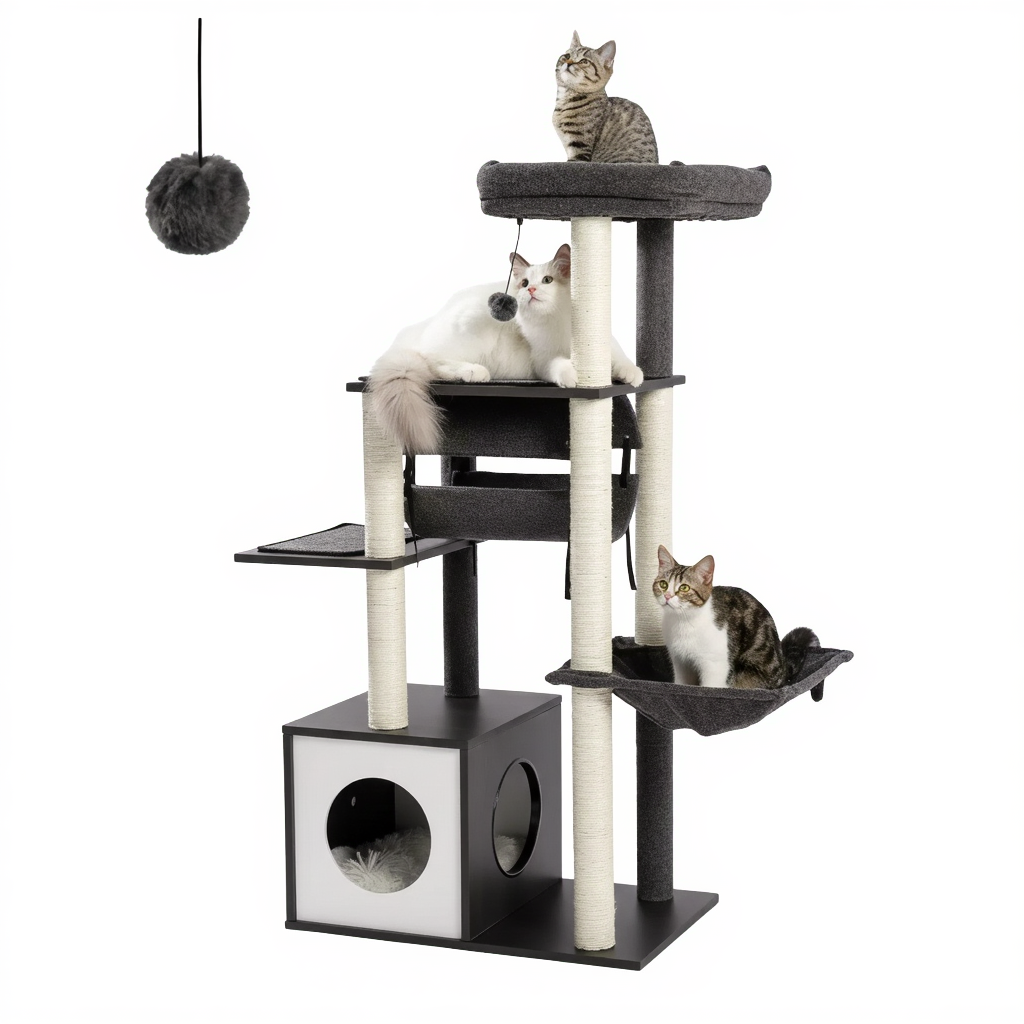 150cm-wooden-maine-coon-cat-tree-2-hammocks-cocon-noir