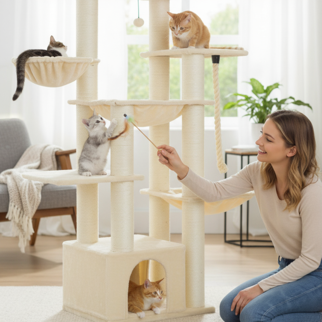 170cm Wooden Maine Coon Cat Tree – XXL Refuge with 3 Bowl Perches