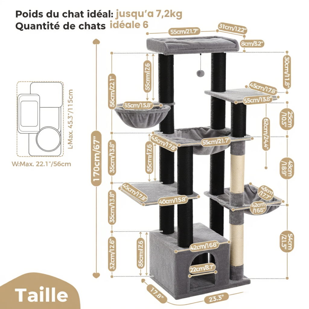 170cm Wooden Maine Coon Cat Tree – XXL Refuge with 3 Bowl Perches