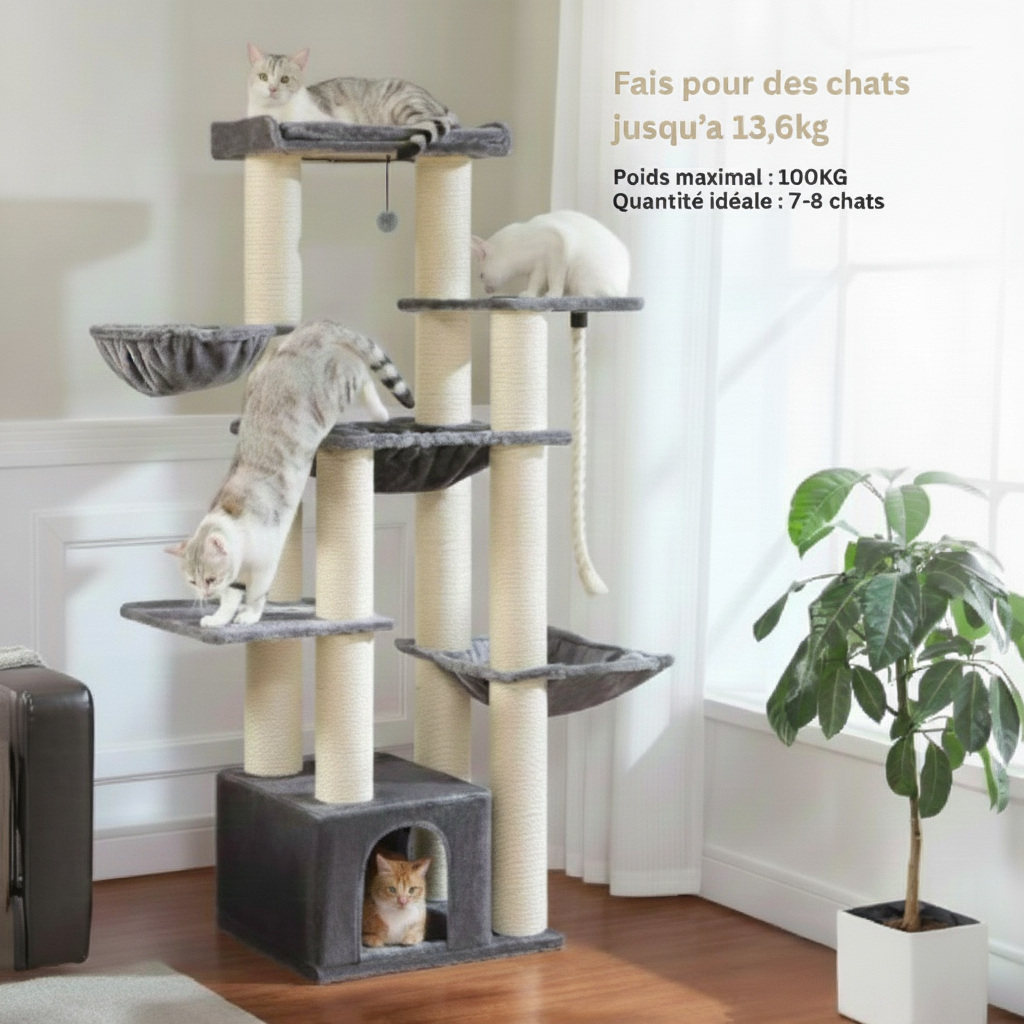 170cm Wooden Maine Coon Cat Tree – XXL Refuge with 3 Bowl Perches