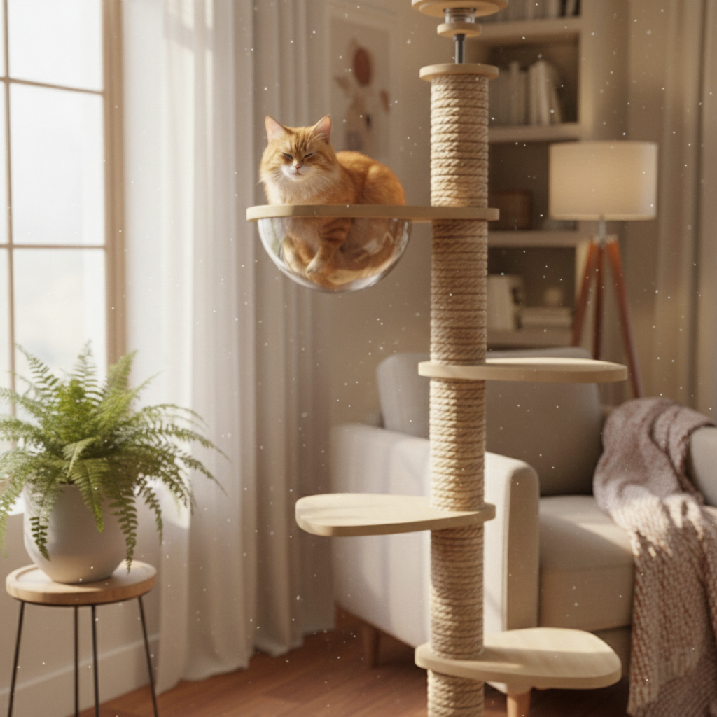 270cm Wooden Maine Coon Floor-to-Ceiling Cat Tree SkyLuxe with Bubble Pod