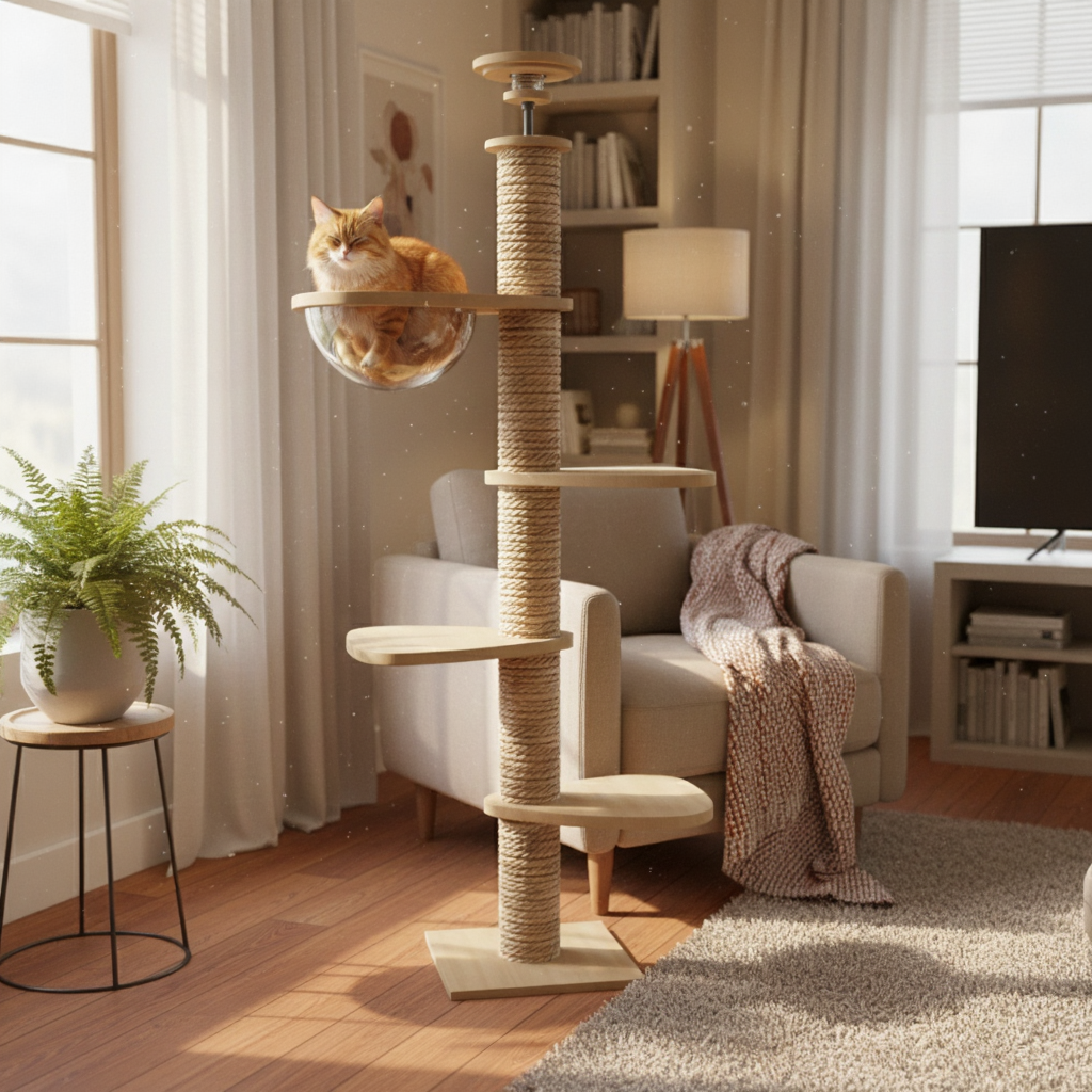 270cm Wooden Maine Coon Floor-to-Ceiling Cat Tree SkyLuxe with Bubble Pod