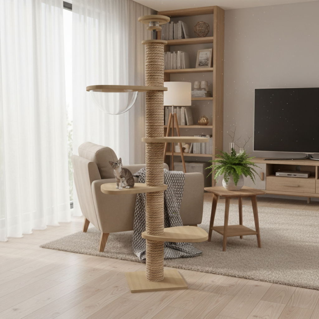 270cm Wooden Maine Coon Floor-to-Ceiling Cat Tree SkyLuxe with Bubble Pod