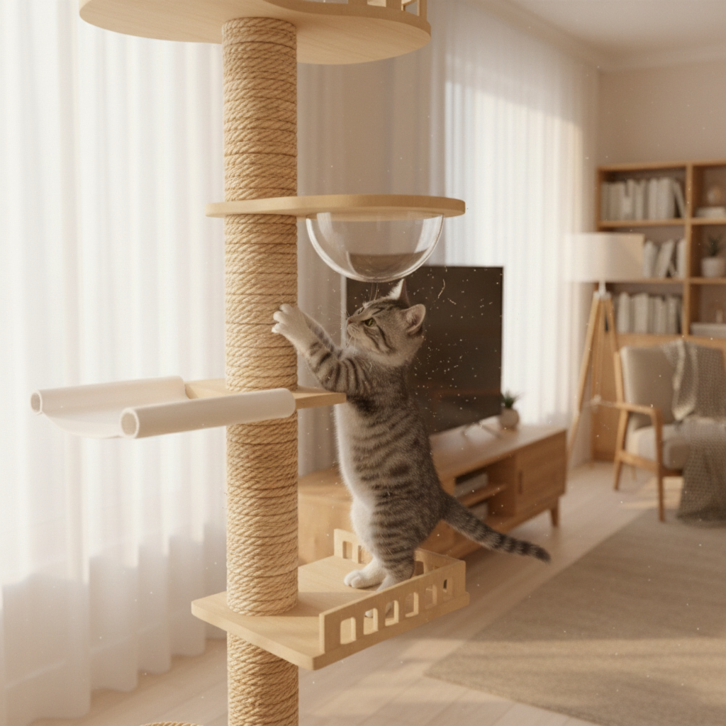 270cm Wooden Maine Coon Floor-to-Ceiling Cat Tree SkyView with Bubble Pod