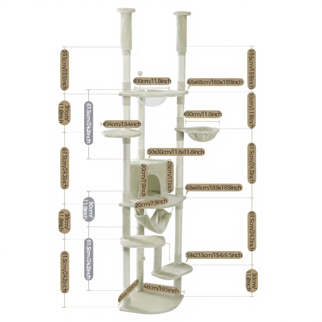 258cm Maine Coon Floor-to-Ceiling Royal Pillar Cat Tree with Bubble Pod
