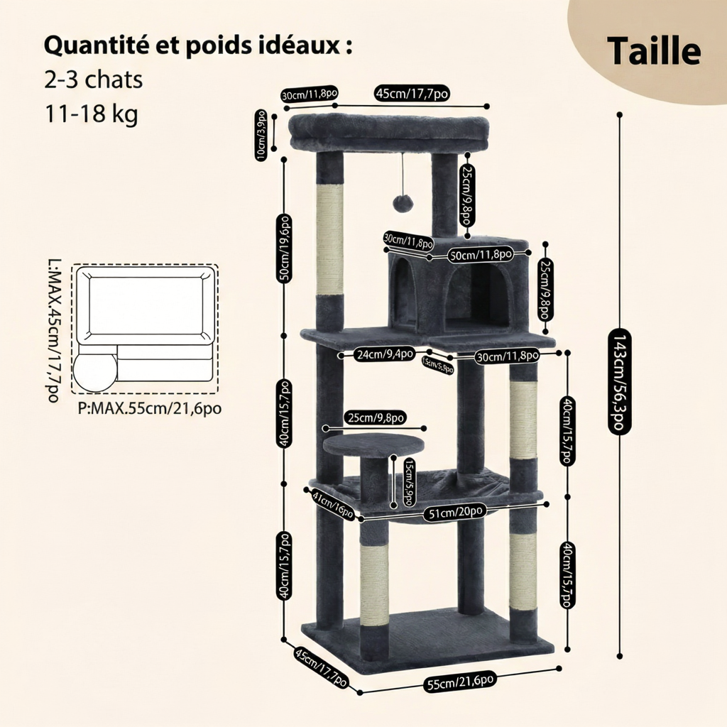 143cm Maine Coon Cat Tree with Sisal Scratching Posts & Hideaway