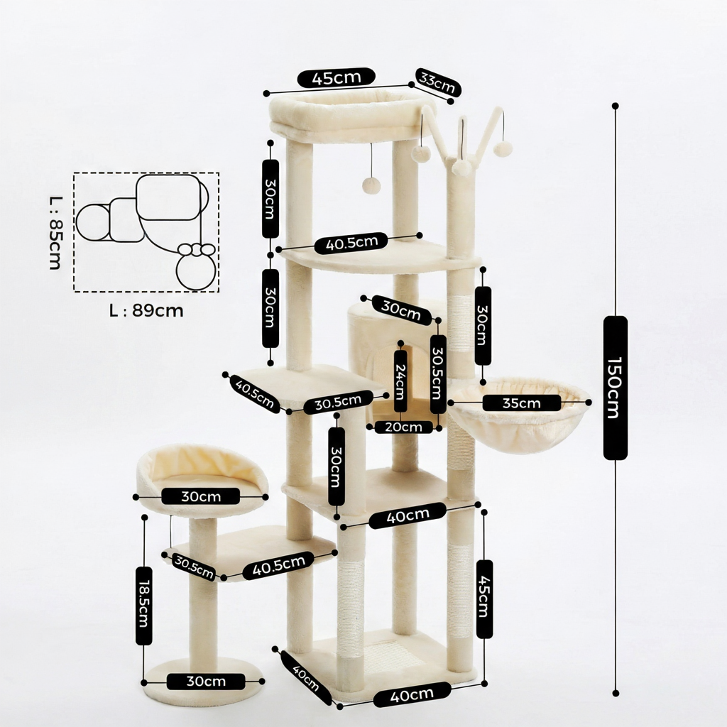 150cm Multi-Level Maine Coon Cat Tree with Hammock & Hideaway