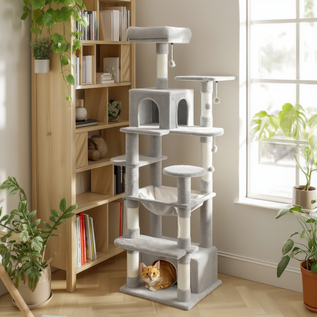 164cm Maine Coon Cat Tree with XL Hammock & Double Hideaway