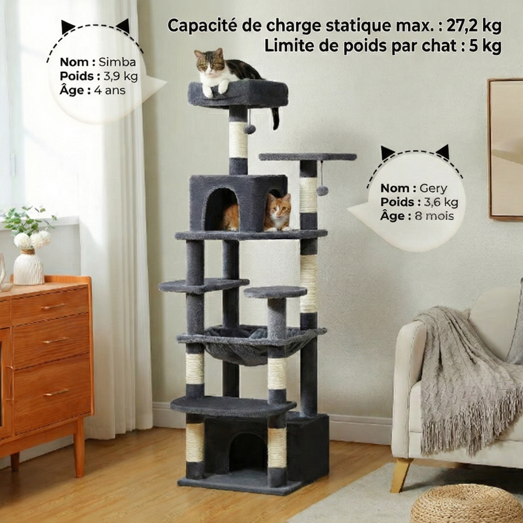 164cm Maine Coon Cat Tree with XL Hammock & Double Hideaway