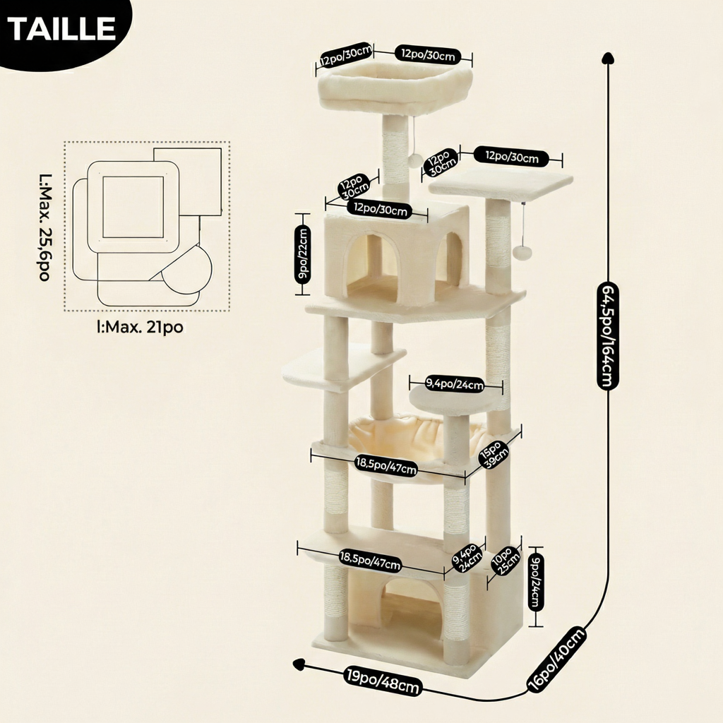 164cm Maine Coon Cat Tree with XL Hammock & Double Hideaway