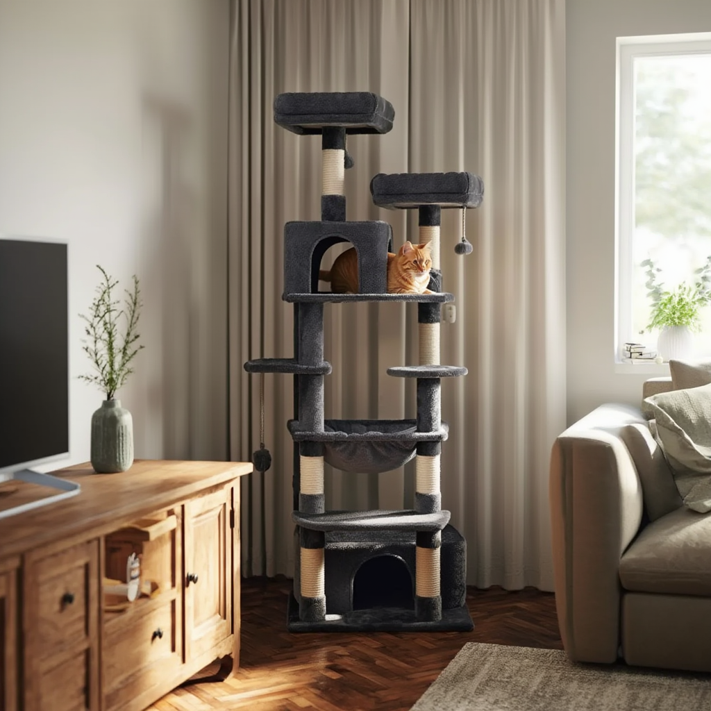 164cm Maine Coon Cat Tree with XL Hammock & Double Hideaway