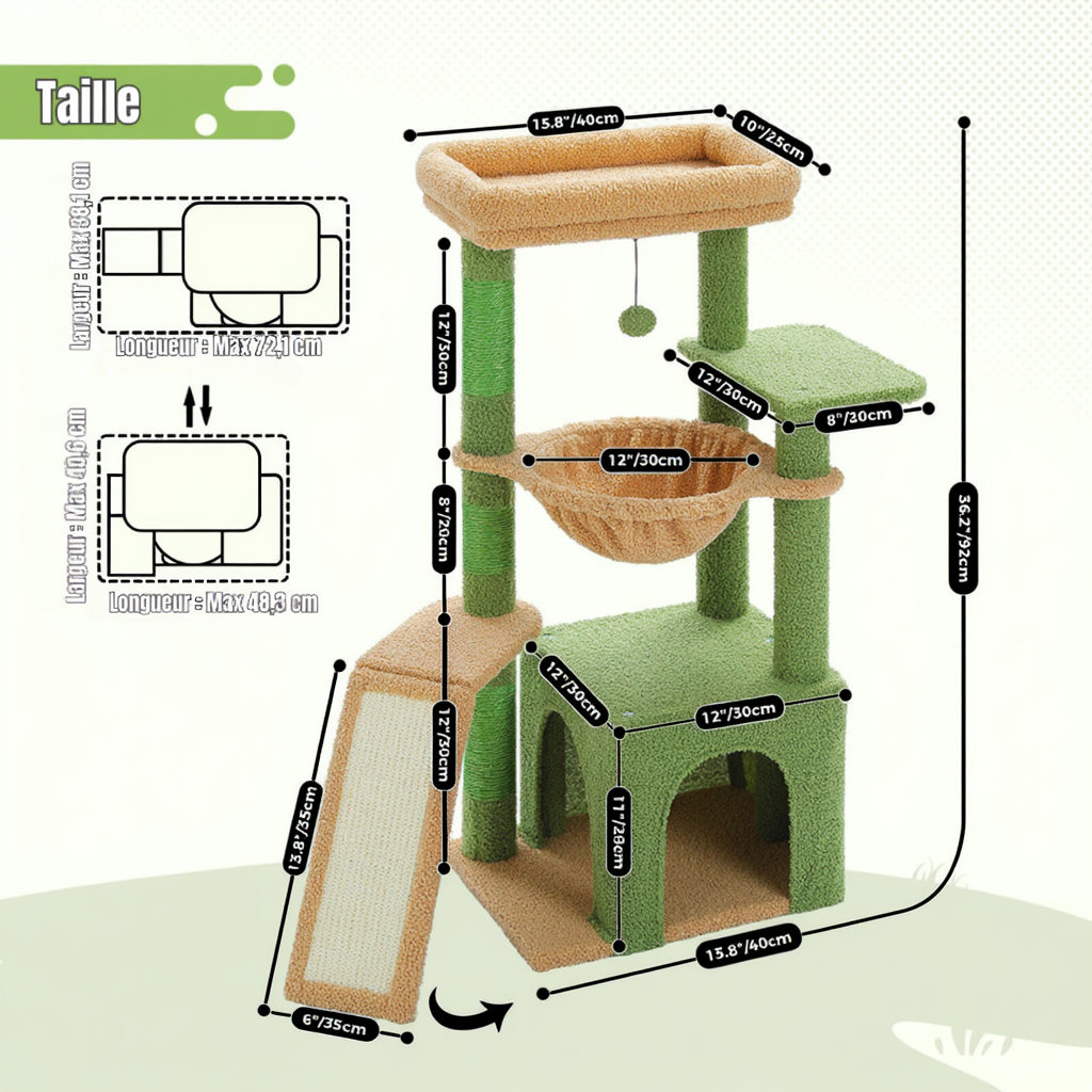 91cm Designer Cat Tree with Hammock, Hideaway & Sisal Posts