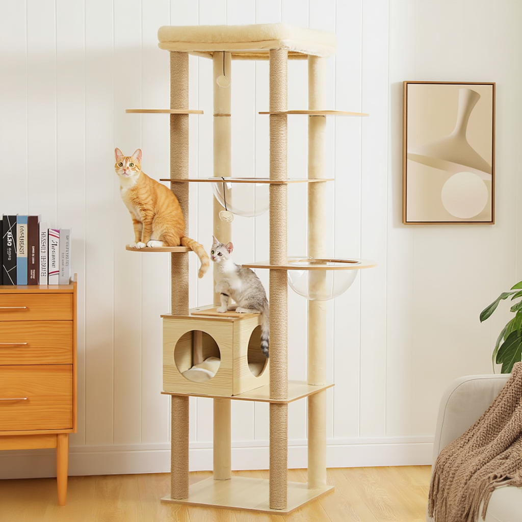 Wooden Maine Coon Cat Tree with Acrylic Hammock & Hideaway