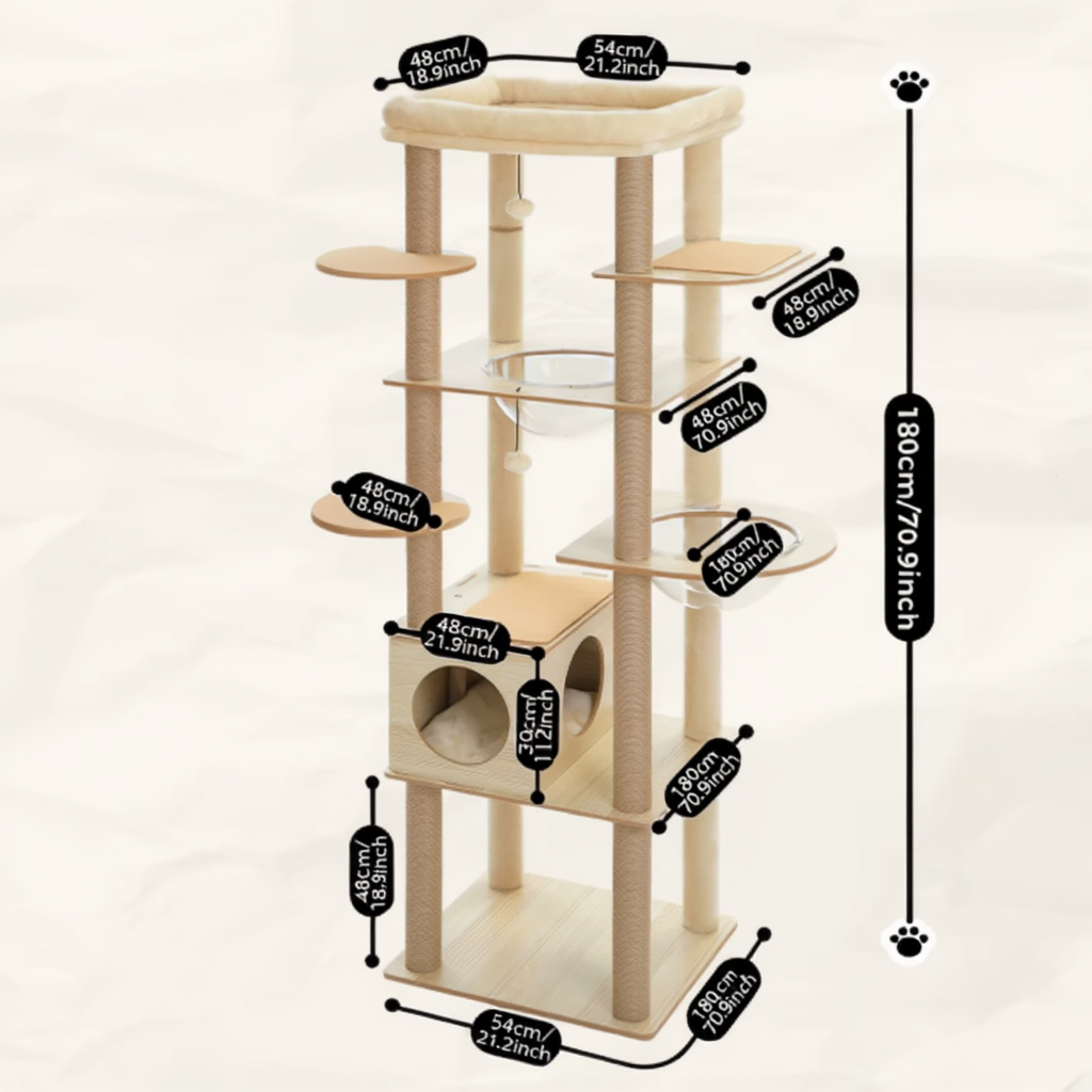 Wooden Maine Coon Cat Tree with Acrylic Hammock & Hideaway