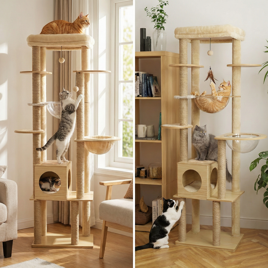 Wooden Maine Coon Cat Tree with Acrylic Hammock & Hideaway