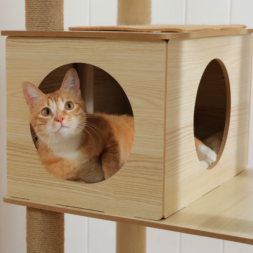 Wooden Maine Coon Cat Tree with Acrylic Hammock & Hideaway