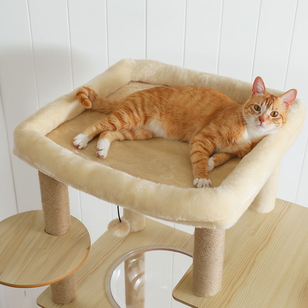 Wooden Maine Coon Cat Tree with Acrylic Hammock & Hideaway