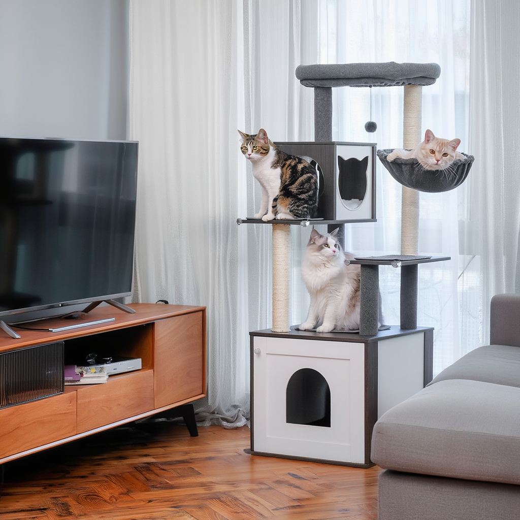 Wooden Maine Coon Cat Tree with Integrated Hidden Litter Box Cabinet