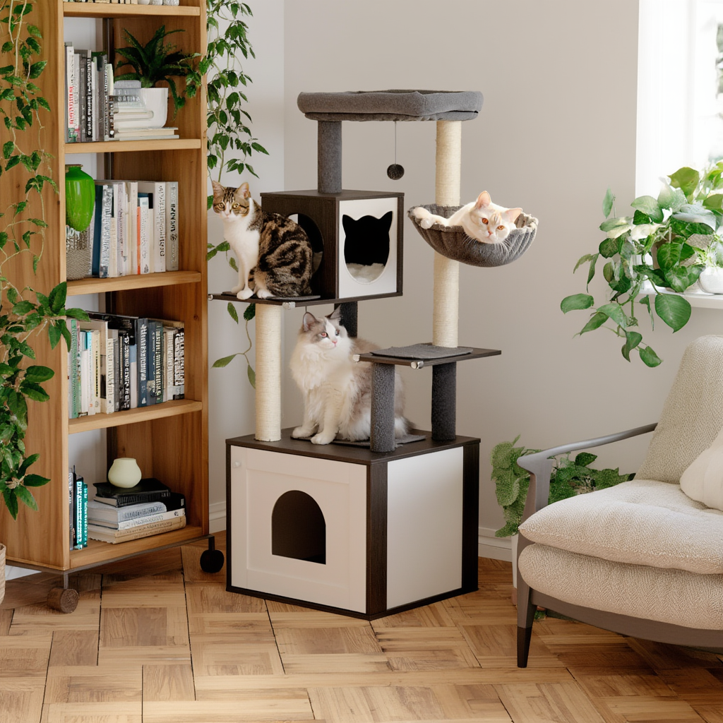 Wooden Maine Coon Cat Tree with Integrated Hidden Litter Box Cabinet