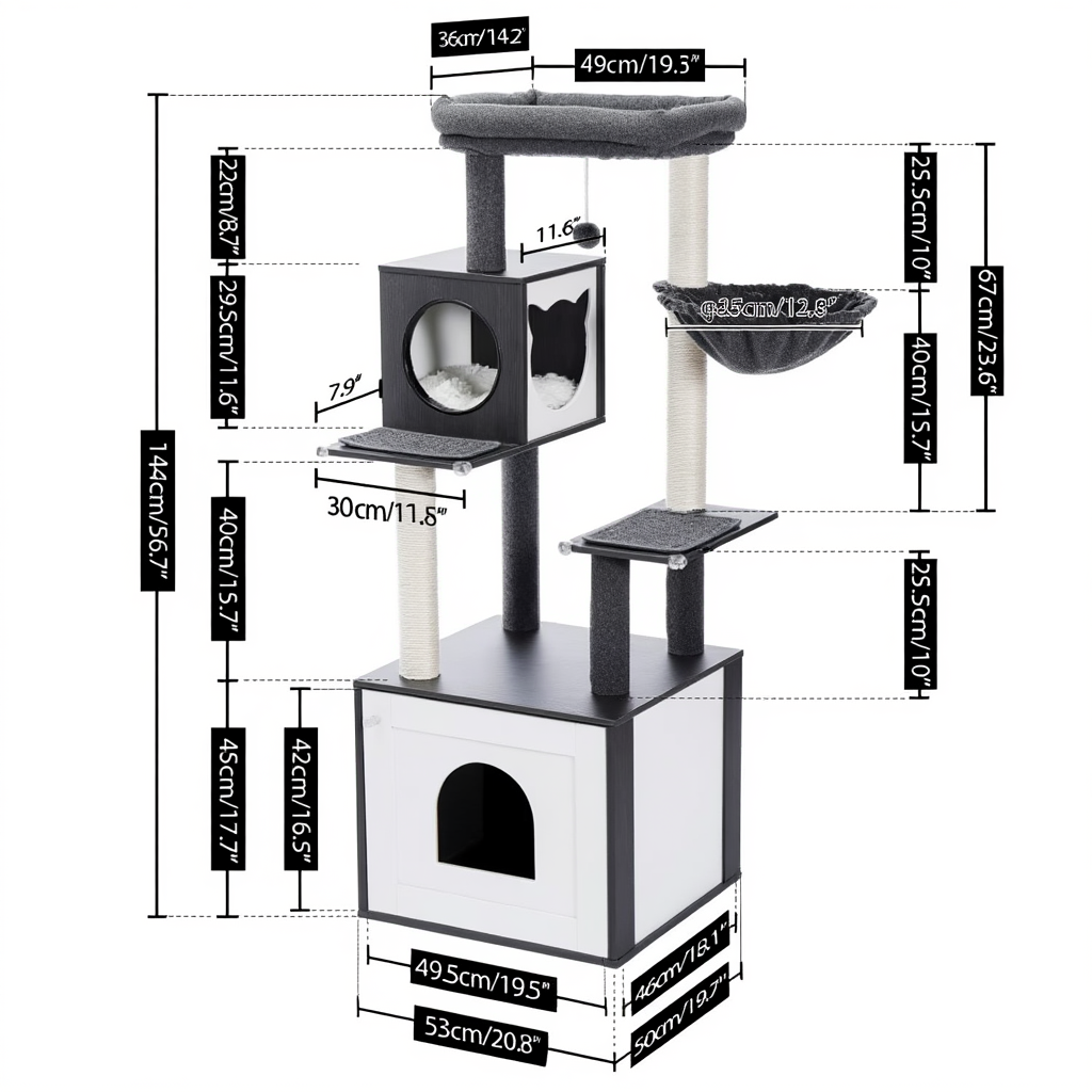 Wooden Maine Coon Cat Tree with Integrated Hidden Litter Box Cabinet