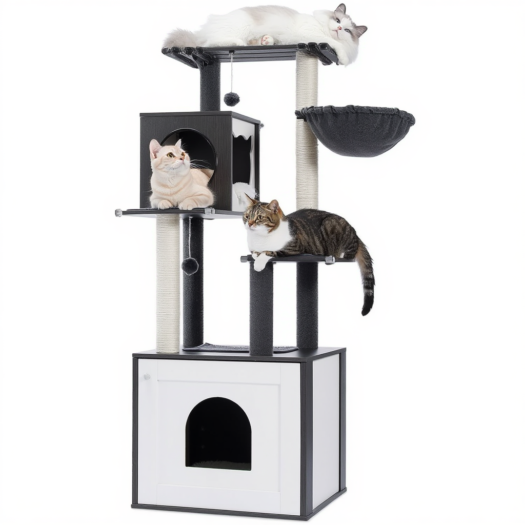 Wooden Maine Coon Cat Tree with Integrated Hidden Litter Box Cabinet
