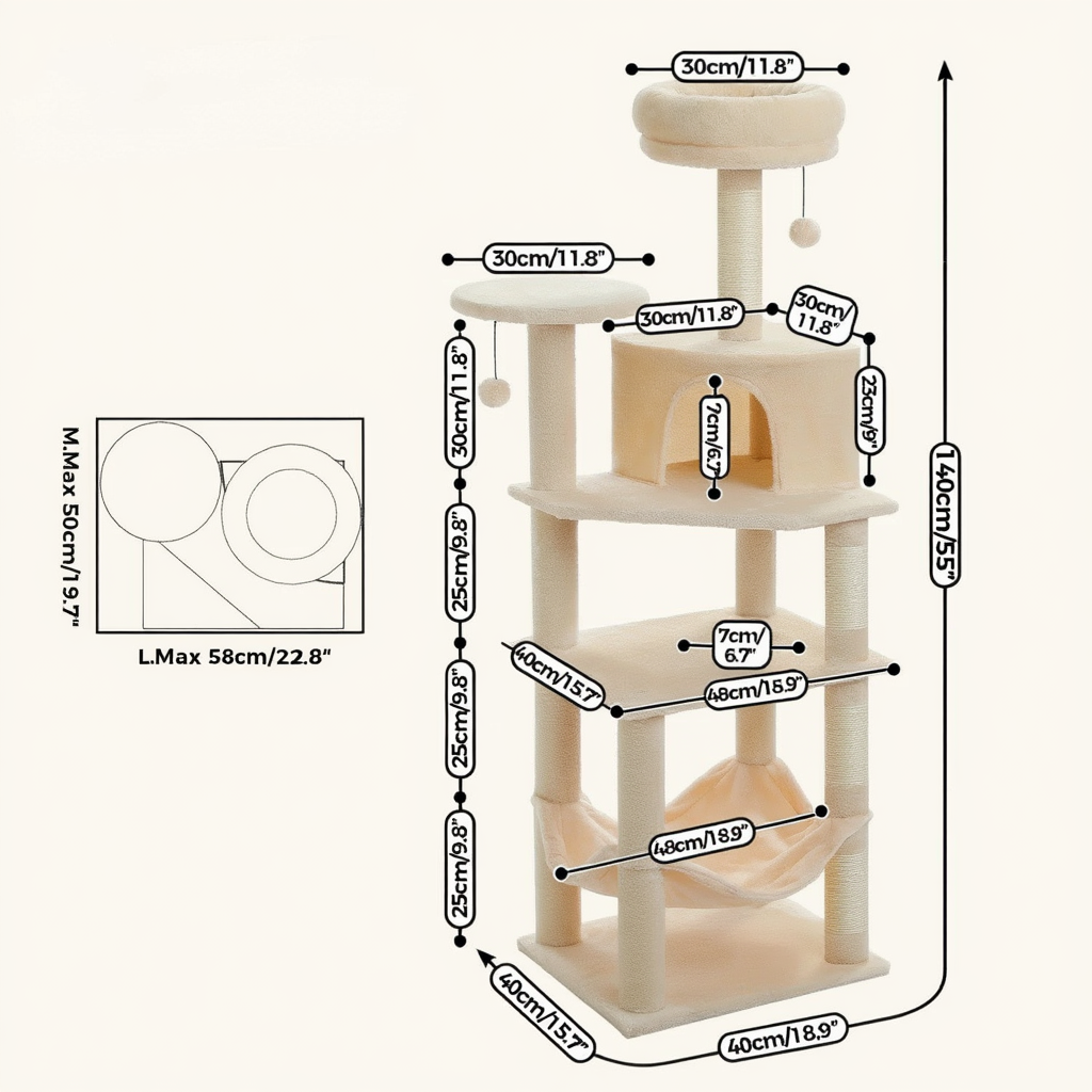 140cm Maine Coon XXL Cat Tree with Hammock & Sisal Scratching Post