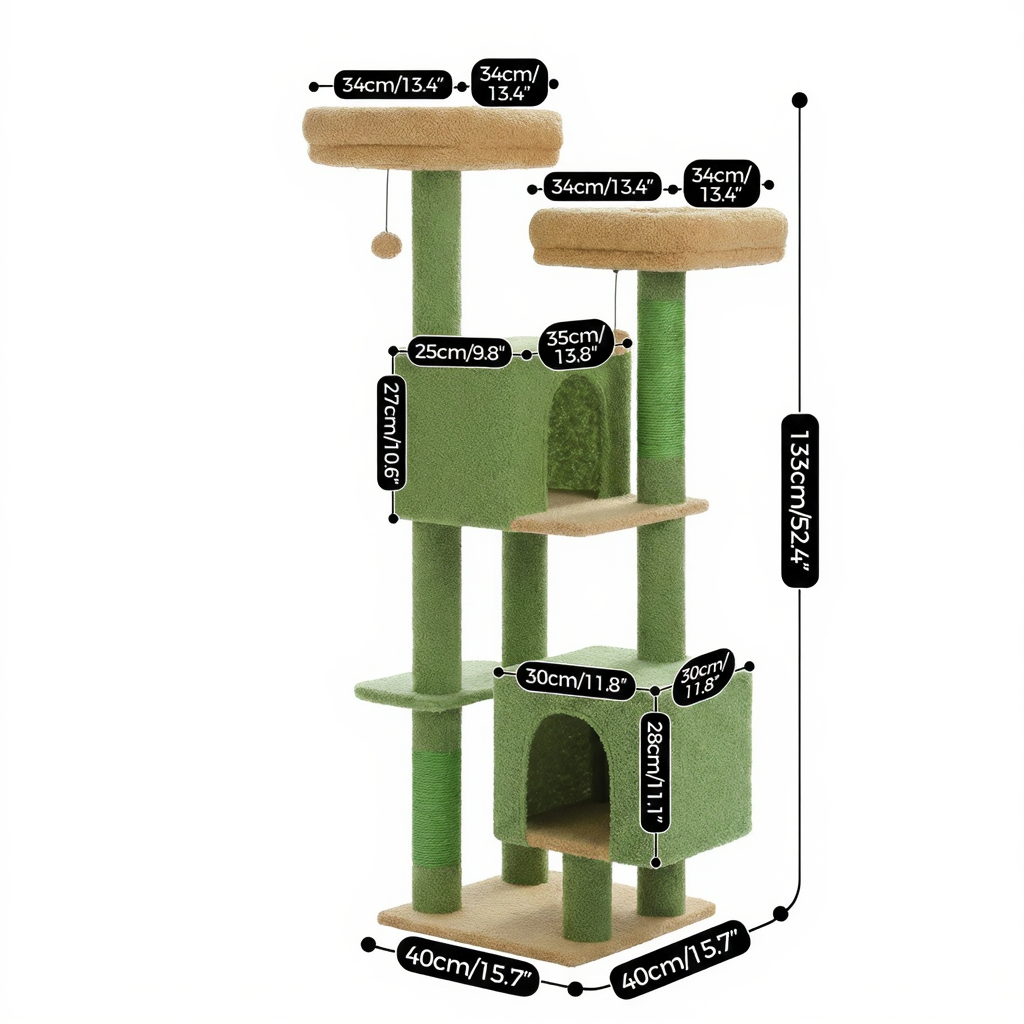 133cm Multi-Level Cat Tree with 2 Hideaways & Sisal Scratching Posts